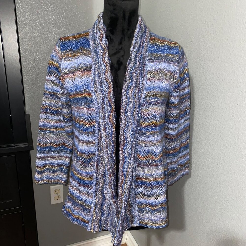 Alfred Dunner Cardigan‎ Sweater PS Open Front 3/4 Sleeve Multicolor Striped Knit